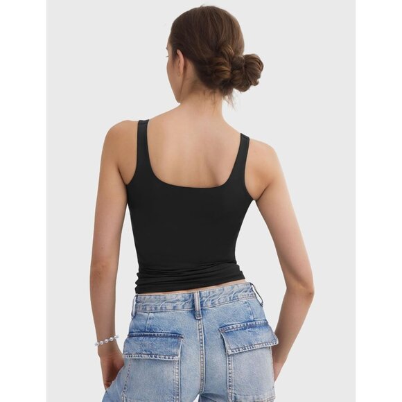 Alljoin Women Black Double Lined Square Neck Sleeveless Tank Top For Workout Gym - Picture 3 of 7